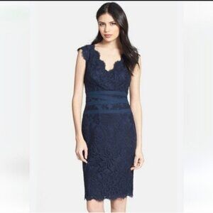 Tadashi Shoji Embroidered Lace Sheath Dress Navy Sleeveless Size 12
